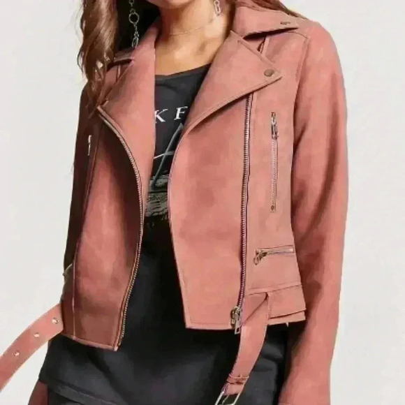 Faux Suede Moto Jacket Pink - Picture 1 of 3